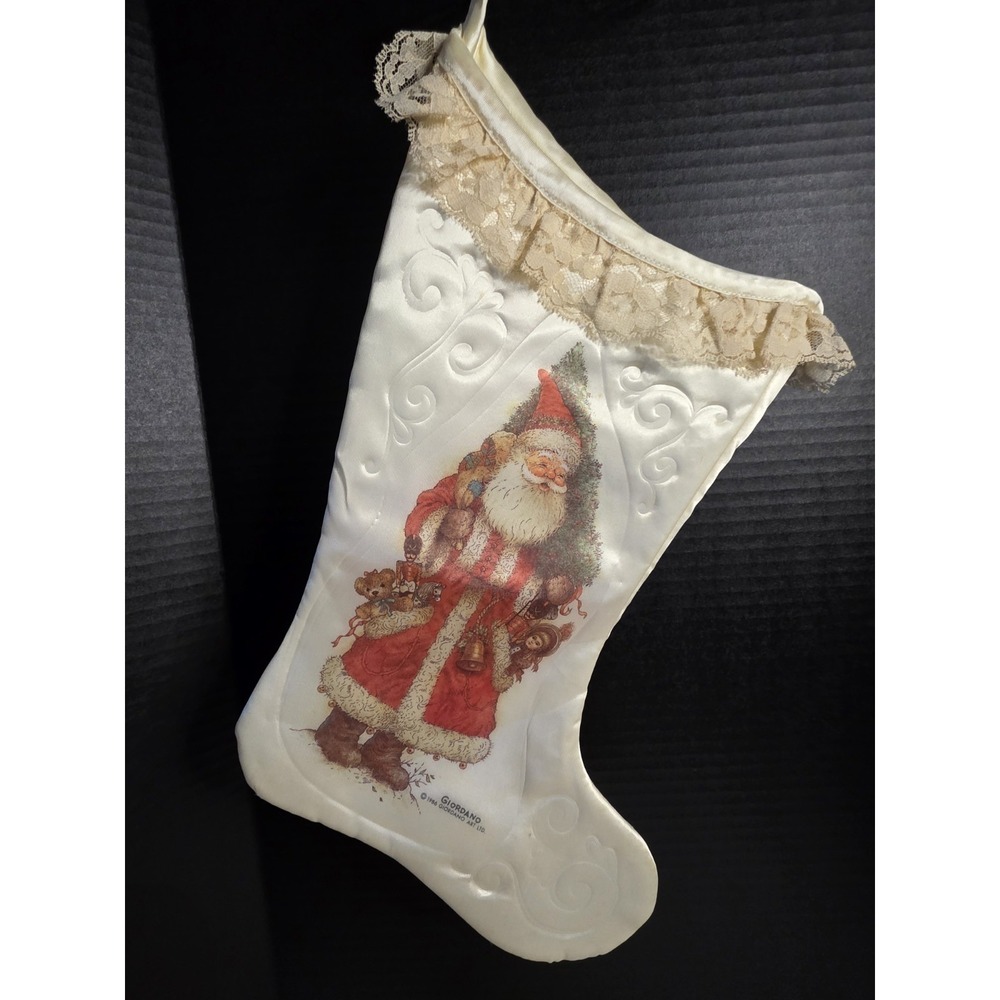 Vintage 1986 Giordano Art Ltd Satin Christmas Stocking Santa Victorian Dolls